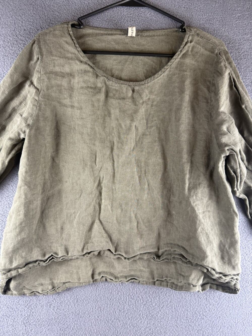 Amazhiyu Women Summer Casual Blouse Crew Neck Tops 3/4 Sleeve Large Green Linen